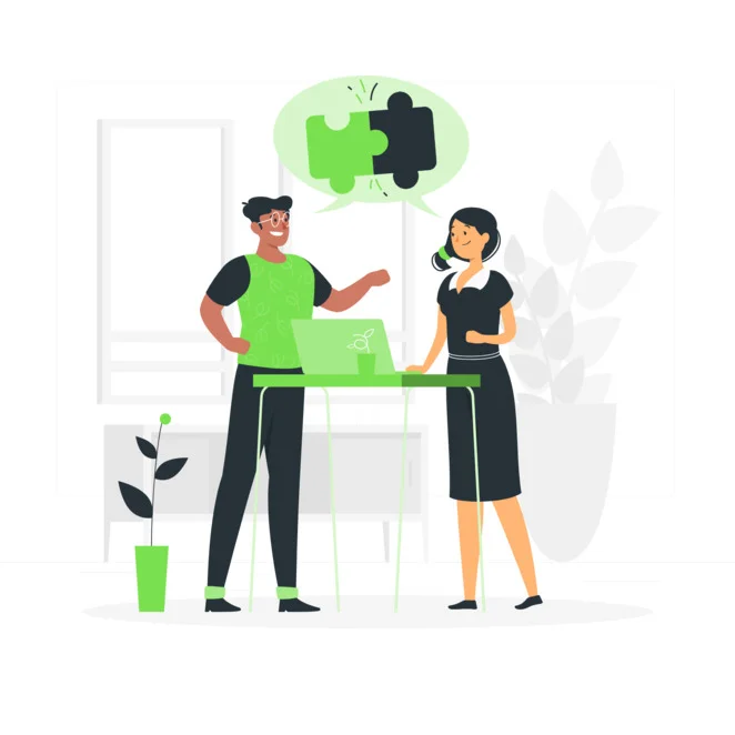 Deux professionnels, un homme et une femme, collaborent autour d’un bureau avec un ordinateur, symbolisant l’infogérance PME avec Quietic – puzzle vert en arrière-plan.